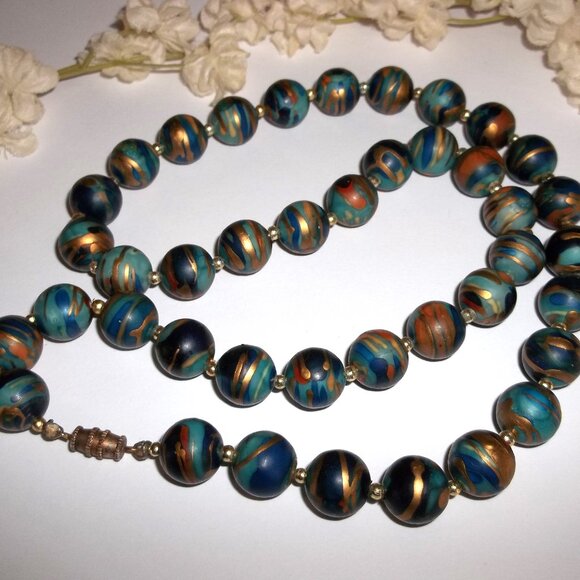 Vintage Necklace Beaded Blue Gold Fashion Accessory Jewelry Woman Unique C647 - Picture 3 of 7